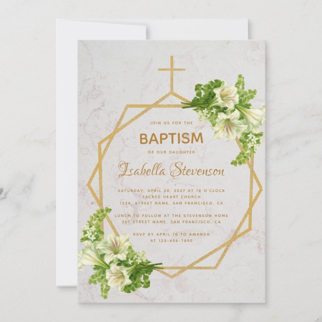 Floral Gold White Lilies Marble Geometric Baptism Invitation (Front)