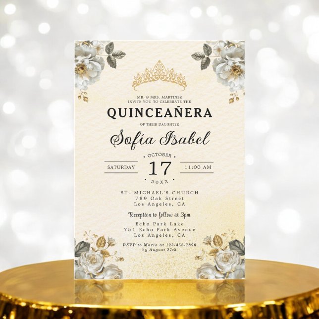 Floral Gold White Princess Quinceanera Invitation (Creator Uploaded)