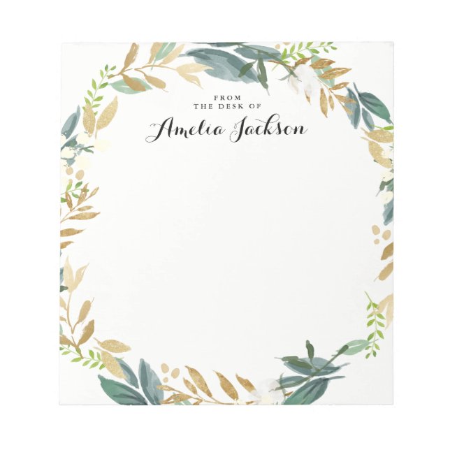 Floral Gold Wreath Personalised Notepad Stationery (Front)