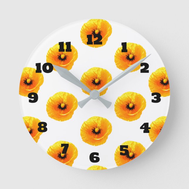 Floral Gold Yellow Poppy Flower Girls Boys Nursery Round Clock (Front)