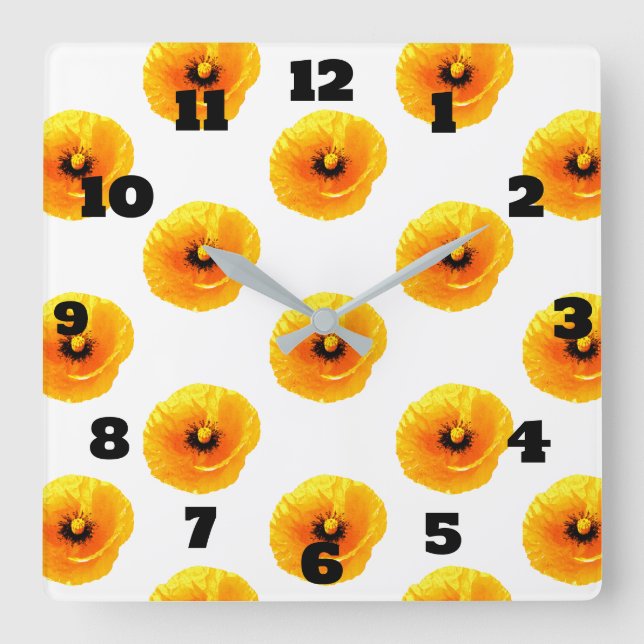 Floral Gold Yellow Poppy Flower Girls Boys Nursery Square Wall Clock (Front)