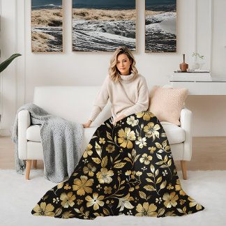 Floral Golden and Black Elegant Fleece Blanket