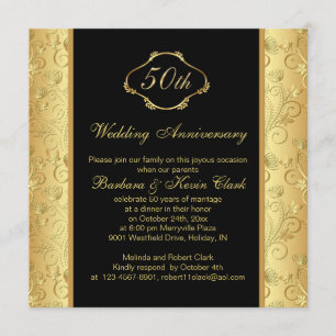 Floral golden black 50th Wedding Anniversary Invitation