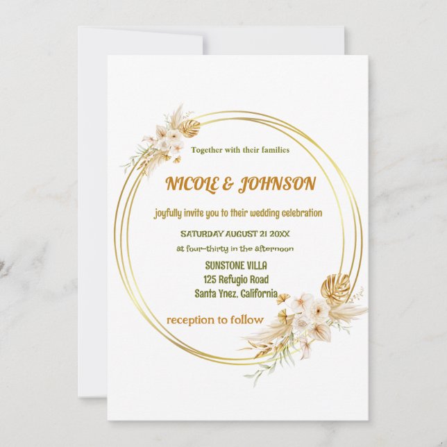 Floral golden frame Wedding Invitation (Front)