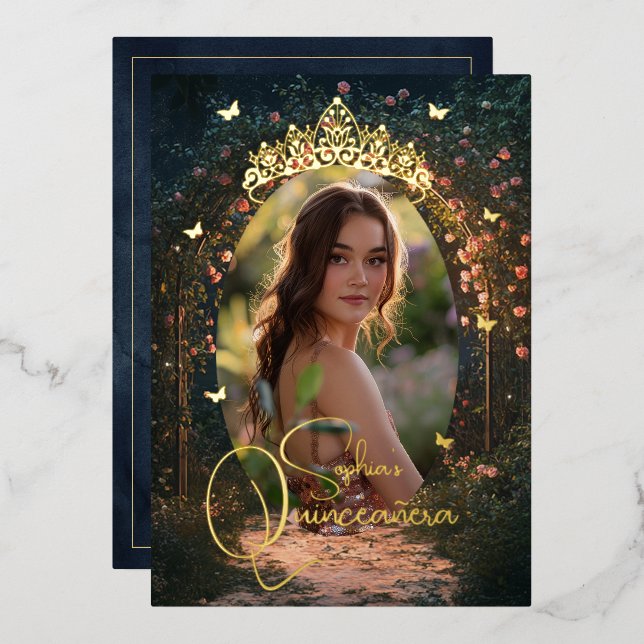 Floral Golden Garden Butterfly Photo Quinceanera (Front/Back)