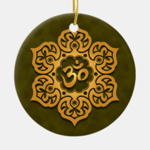 Floral Golden Green Aum Design Ceramic Tree Decoration