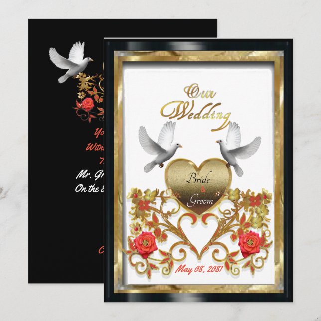 Floral golden heart of loving Doves wedding card (Front/Back)