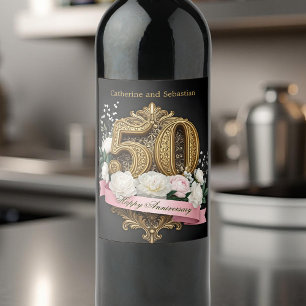 Floral Golden Number 50th Wedding Anniversary Wine Label