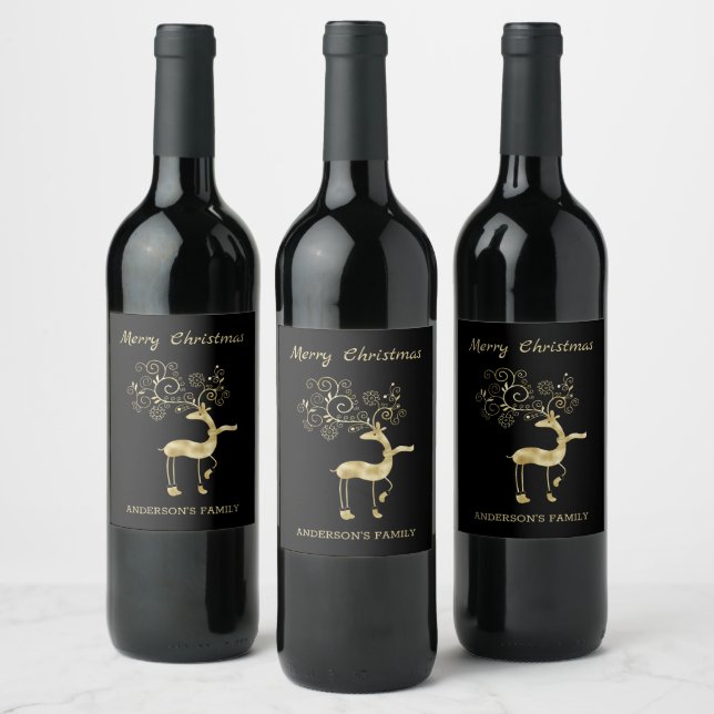 Floral Golden Reindeer Wine Label (Bottles)