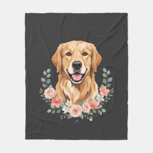 Floral Golden Retriever Dog Portrait Sublimation Fleece Blanket