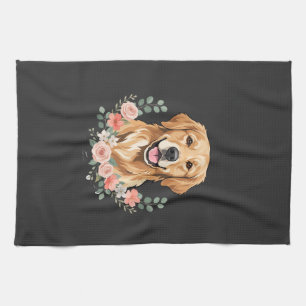 Floral Golden Retriever Dog Portrait Sublimation Tea Towel