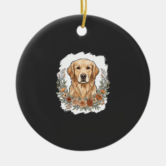 Floral Golden Retriever Sublimation Ceramic Tree Decoration (Front)