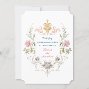 Floral Golden Royal Crest & Blush Roses Wedding Invitation