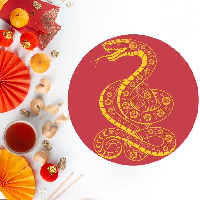 Floral Golden Snake on Red Classic Round Sticker (Creator Uploaded)