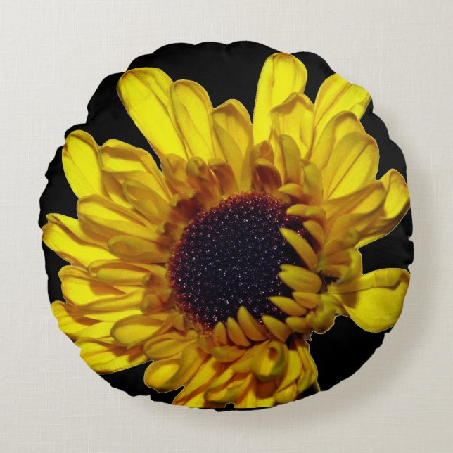 Floral Golden Yellow Black Abstract Artsy Gift Round Cushion (Front)