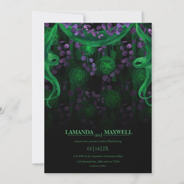 Floral Gothic Glow Wedding Green Handfasting Invitation (Front)