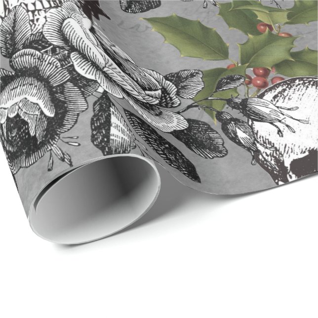 Floral Gothic Grunge Christmas Skull Pattern Wrapping Paper (Roll Corner)