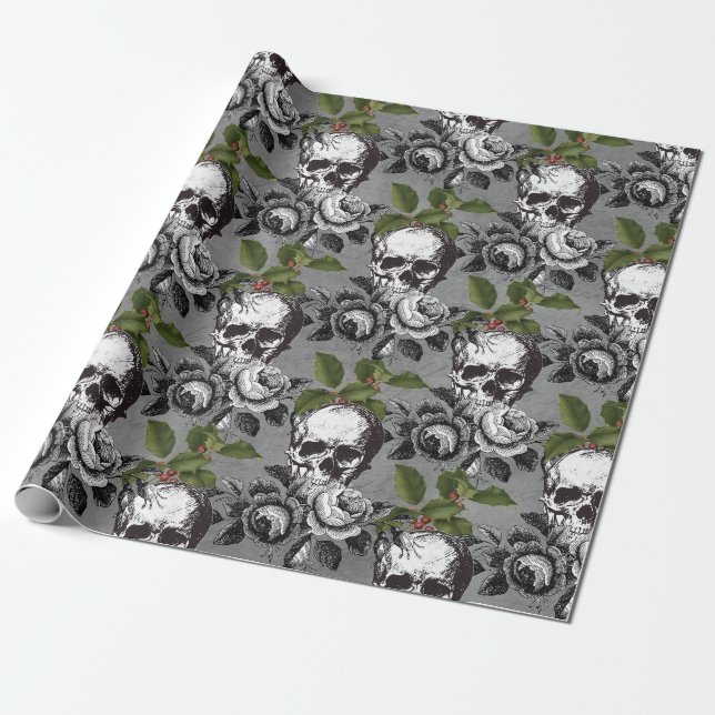 Floral Gothic Grunge Christmas Skull Pattern Wrapping Paper (Unrolled)