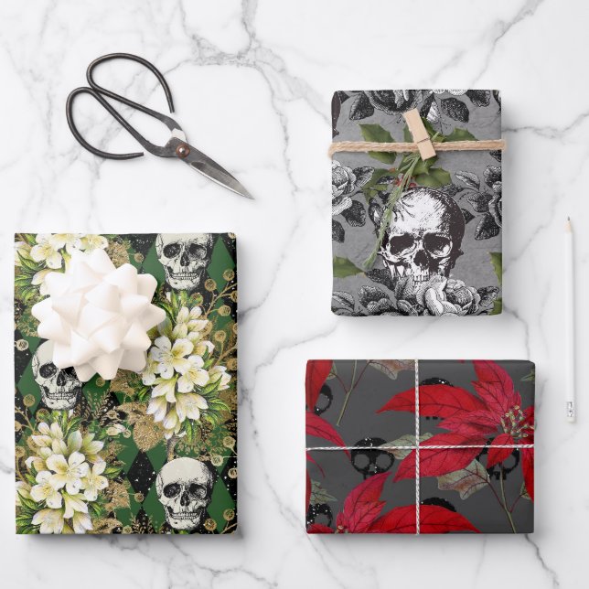 Floral Gothic Grunge Christmas Skull Pattern Wrapping Paper Sheet (Front)