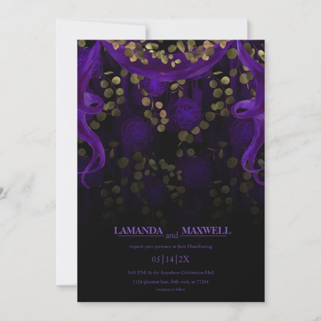 Floral Gothic Purple Wedding Dark Handfasting Invitation (Front)