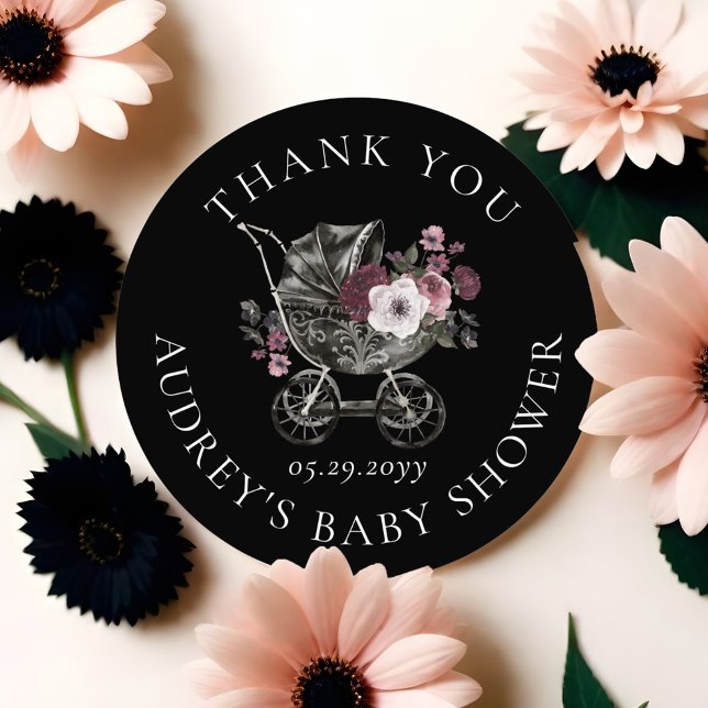 Floral Gothic Stroller Black Thank You Baby Shower Classic Round Sticker (Floral Gothic Stroller Black Thank You Baby Shower Classic Round Sticker)