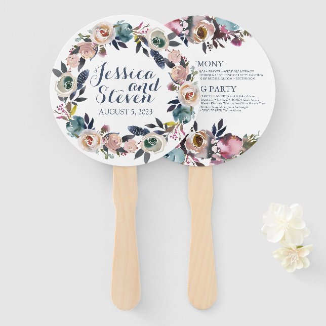 Floral Grace Wedding Program Hand Fan (Front and Back)