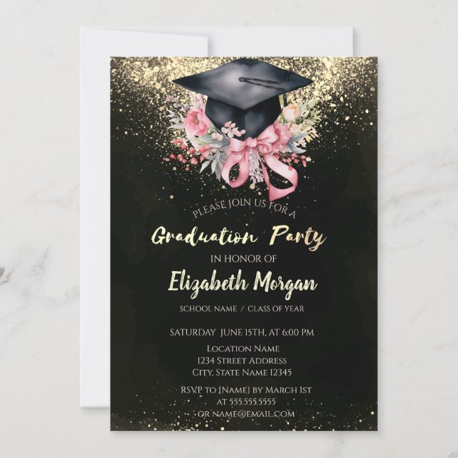 Floral Grad Cap, Bow Confetti Graduation Party Invitation (Front)