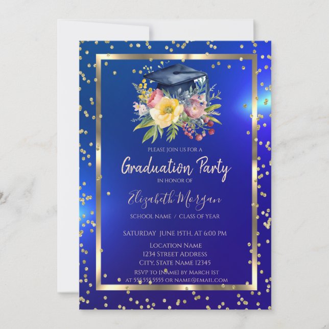 Floral Grad Cap Navy Blue Graduation Invitation (Front)