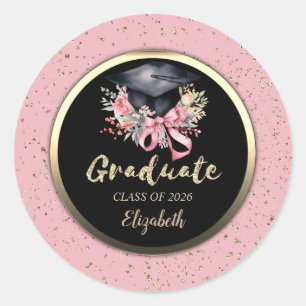 Floral Grad Cap Pink Bow Confetti   Classic Round Sticker