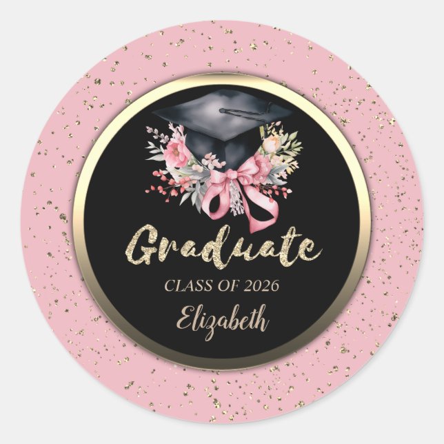Floral Grad Cap Pink Bow Confetti   Classic Round Sticker (Front)