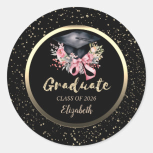Floral Grad Cap Pink Bow Confetti   Classic Round Sticker