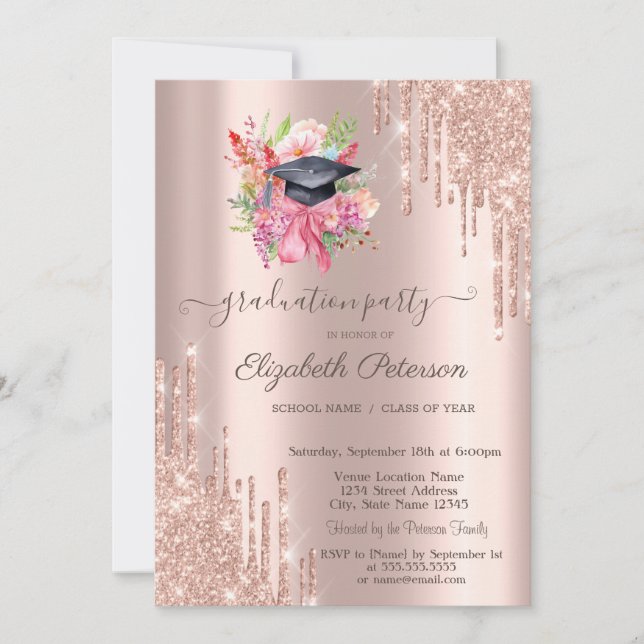 Floral Grad Cap Rose Gold Glitter Drips  Invitation (Front)