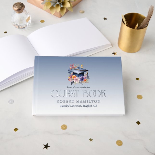 Floral Grad Hat Graduation Party Invitation Guest Book (Front Open)