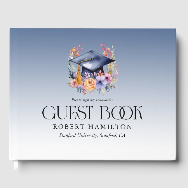 Floral Grad Hat Graduation Party Invitation Guest Book (Front)