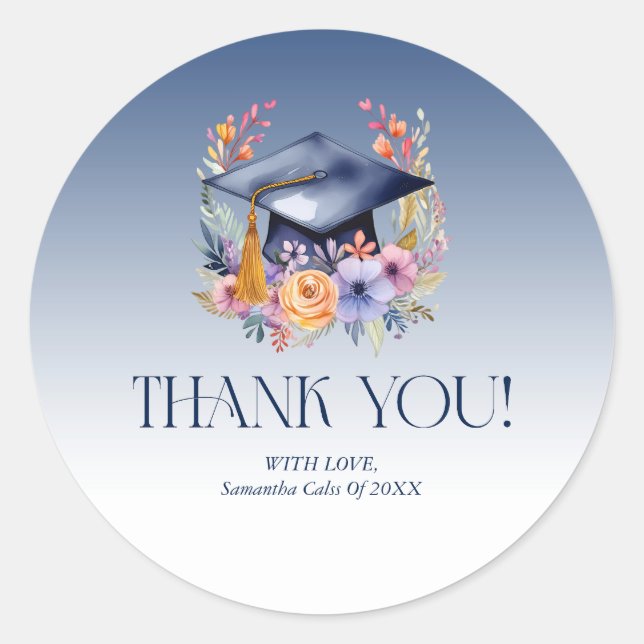 Floral Grad Hat Thank You Card Classic Round Sticker (Front)