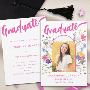 Floral Graduate Photo Pink Script Graduation Party Invitation