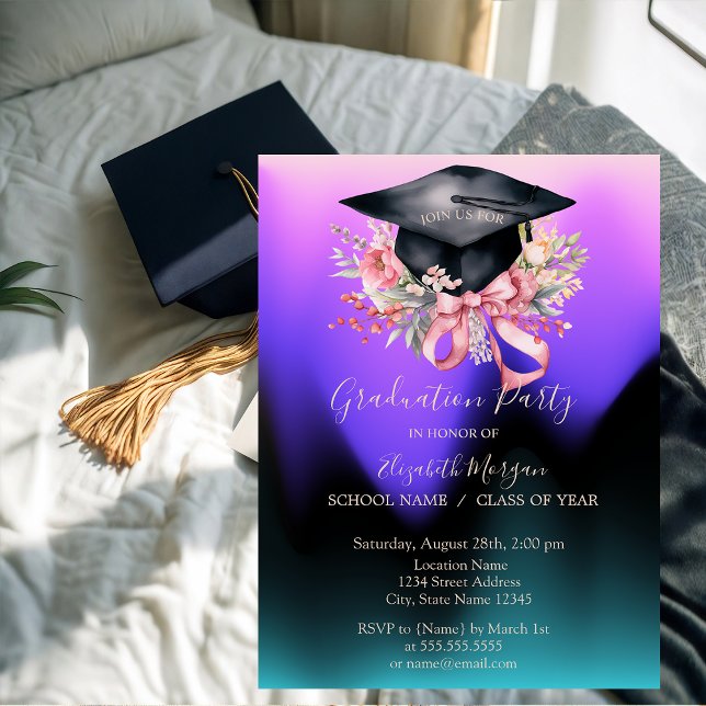 Floral Graduation Cap,Bow Ombre Graduation  Invitation (Creator Uploaded)