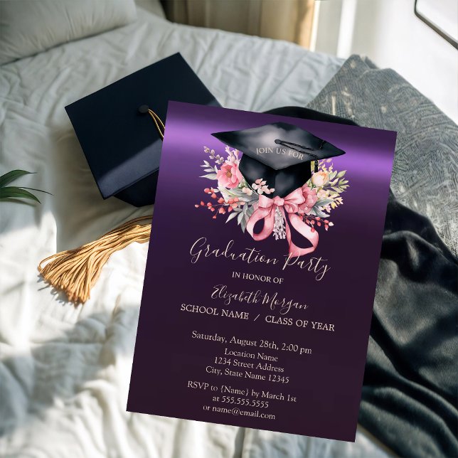 Floral Graduation Cap,Bow Purple Graduation  Invitation (Creator Uploaded)