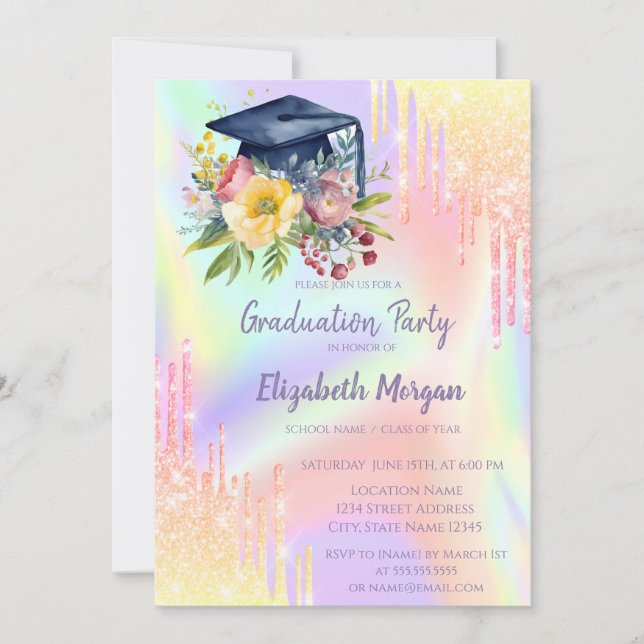 Floral Graduation Cap,Ombre Drips Holographic Invitation (Front)