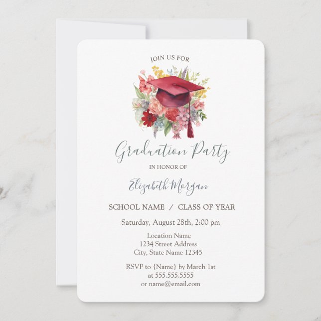 Floral Graduation Cap,Stars  Graduation Invitation (Front)