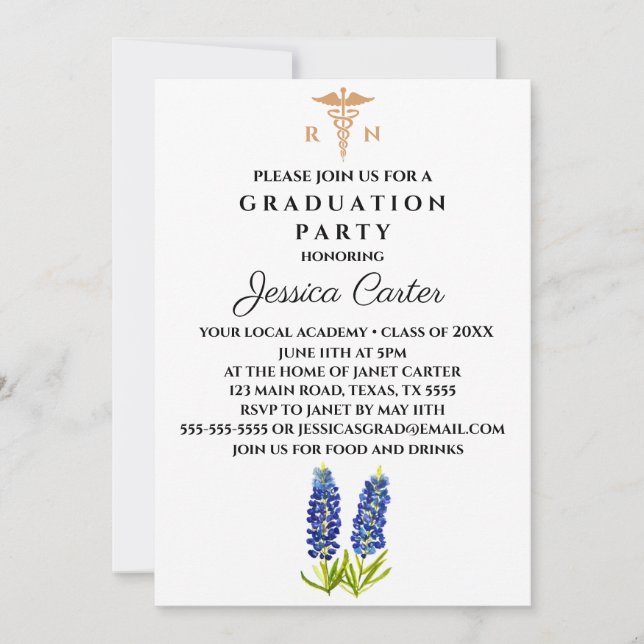 Floral Graduation Nurse Typography Bluebonnets  Invitation (Front)