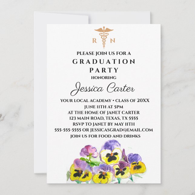 Floral Graduation Nurse Typography Pansies Invitation (Front)
