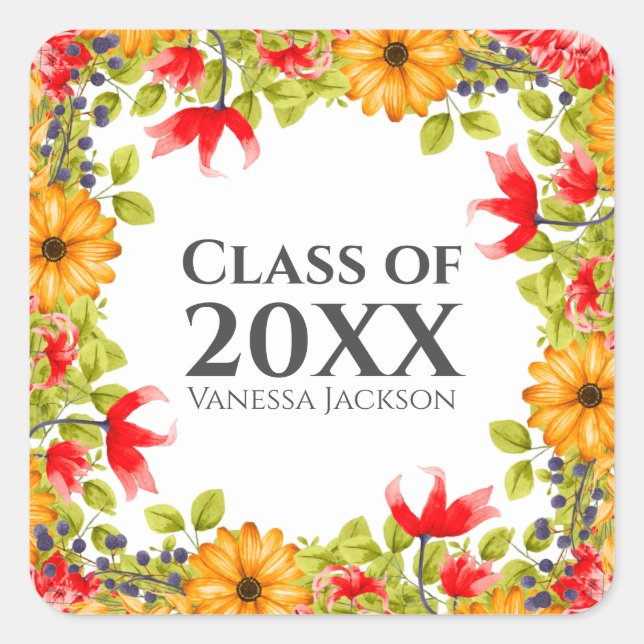 Floral Graduation Party Favour Square Sticker (Front)