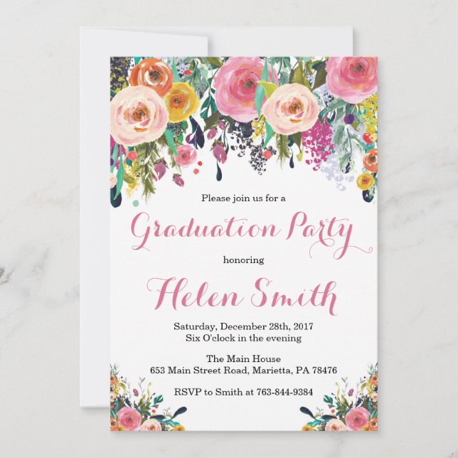 Floral Graduation Party Invitation Card Watercolor (Front)