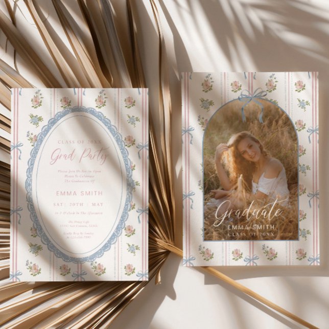Floral Graduation Photo Announcement Card Blue Bow (Creator Uploaded)