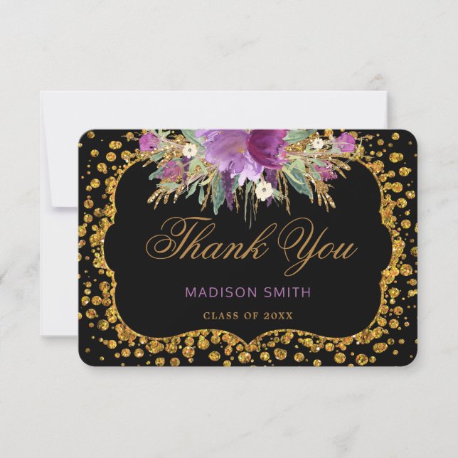 Floral Graduation Thank You Gold Glitter Confetti Announcement (Front)
