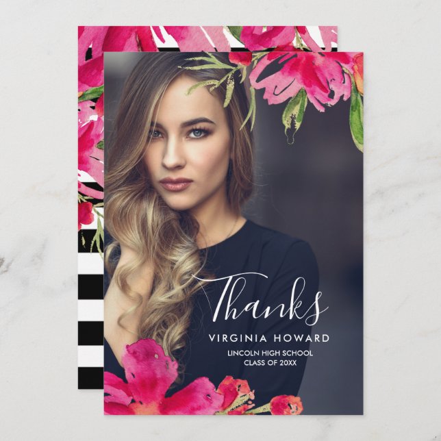 Floral Graduation Thank You Photo Card (Front/Back)