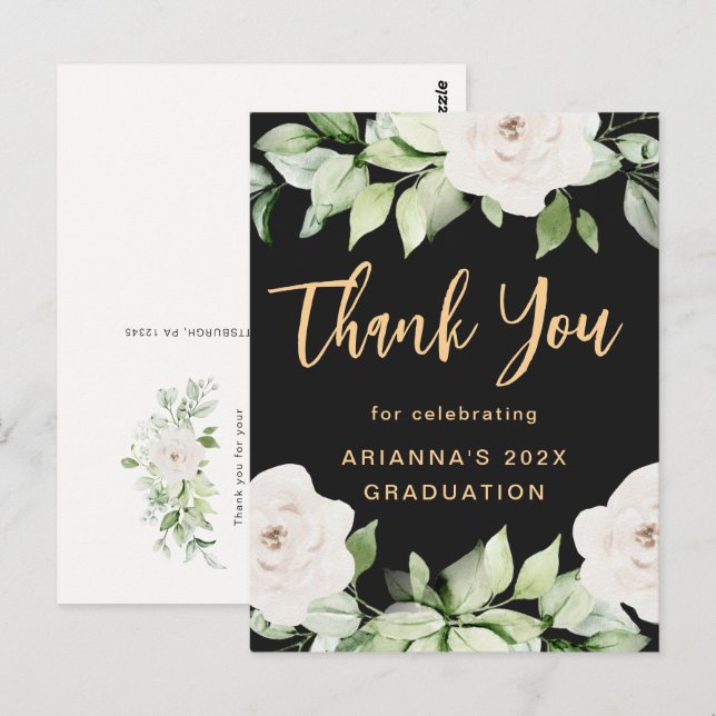 Floral Graduation Thank You Script Black Postcard (Front/Back)