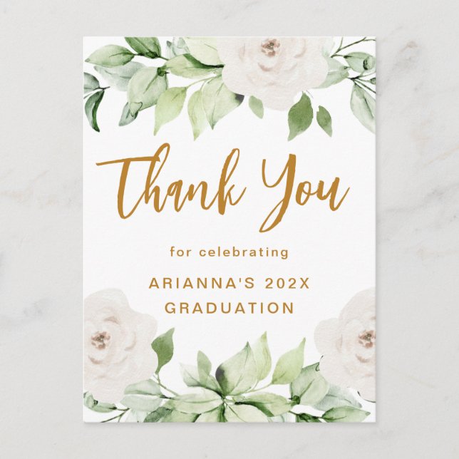 Floral Graduation Thank You Script White Postcard (Front)