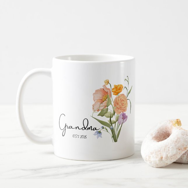 Floral Grandma Est 2025, Baby Announcement Gifts  Coffee Mug (With Donut)
